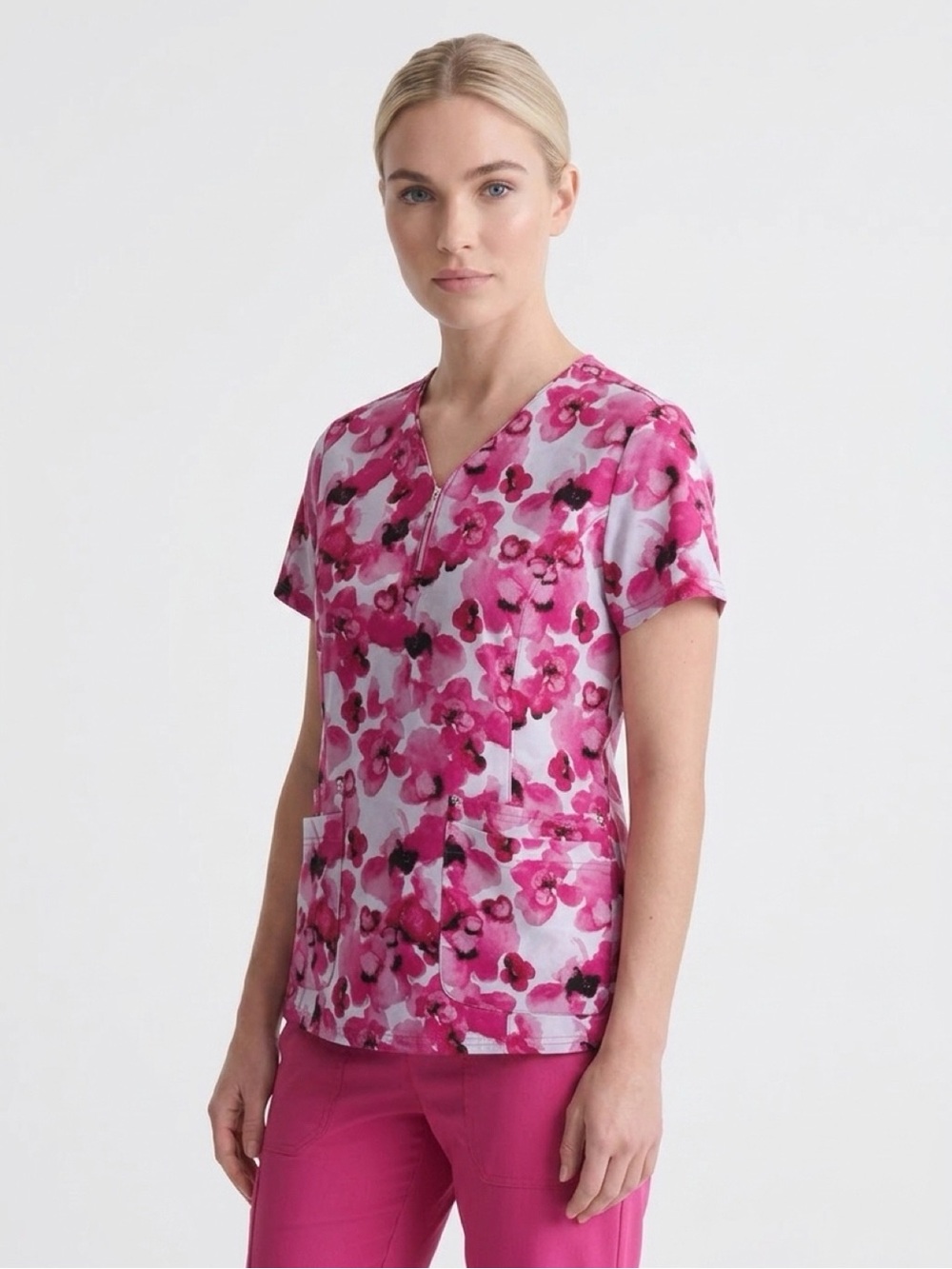 Easy Stretch Pink Floral Scrub Top Womens L Zip Front Medical Uniform